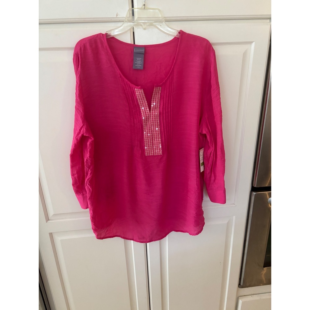 Laura Scott Womens Pink Sequin Trim Pintuck Tunic Top XL NEW S3721LS-HT-I